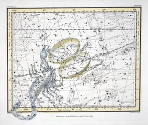 The Constellations (Plate XIX) Libra and Scorpio, från "A Celestial Atlas" av Alexander Jamieson, pub. London 1822 (handfärgad gravyr)