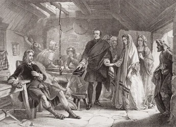 Prins Charles och Flora Macdonalds första möte på ön South Uist, 1747, från "Illustrationer av engelsk och skotsk historia" volym II