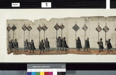 Detalj från The Huntly Funeral Procession, som sägs ha använts för obsequies av George 1st, Marquess of Huntly