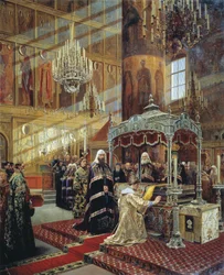 Tsar Alexis och patriark Nikon vid kistan till metropoliten Philip av Moskva, 1600-talet 1886