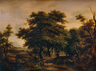 Ett träigt landskap, med figurer och får, c1805