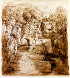 The Bracklinn Falls, Perthshire, ca 1810 (penna och brunt bläck med tvätt på papper)