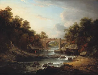Utsikt över floden Almond, nära Edinburgh, med Almondell Bridge och en fiskare