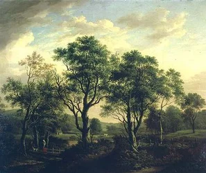 Skogbevuxen flodlandskap med figurer och boskap (olja på duk)