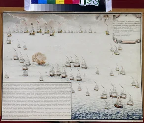 Sjöslaget vid Tendra i Svarta havet den 8 och 9 september 1790. Episod ur rysk-turkiska kriget (1787-1792). Verk av Alexander Nikolaevich Depaldo (1876-1939), akvarell på papper. Rysk konst