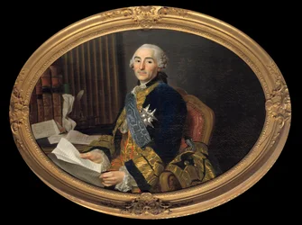 Porträtt av Cesar Gabriel (1712-1785) Greve av Choiseul - Chevigny, hertig av Praslin, utrikesminister då för marinen. Målning av Alexander Roslin (1718-1793). Dämpa. 0,94 x 1,31 m. Versailles, musee du Chateau. - Porträtt av Cesar Gabriel (1712