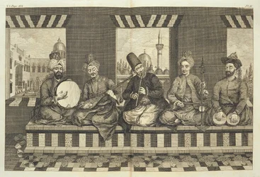 Syriska musiker, tallrik 4 från "Natural History of Aleppo", pub. av Patrick Russell, 1794