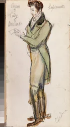 Förberedande kostym för en ung man för operan ""Eugene Onegin"" av Piotr Tchaikovsky (1840-1893) (Dräktdesign för operan Eugene Onegin av P. Tchaikovsky) - Verk av Alexander Valentinovich Sredin (Sredine) (1872-1934) , penna och akvarell på