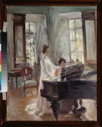 Dans le salon de reception (I ett mottagningsrum) - Två kvinnor gör musik, sjunger och spelar piano - Verk av Alexander Valentinovich Sredin (Sredine) (1872-1934), olja på kartong - Rysk konst sent 1800-tidigt 1900-tal, modernism - Regional Ar