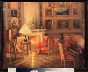 Interiör med en kvinna vid den öppna spisen - Verk av Alexander Sredin (Sredine) (1872-1934), olja på kartong