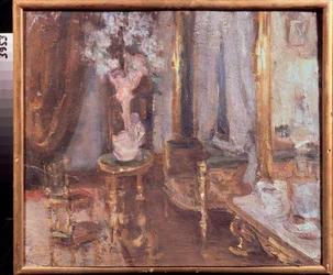 Kväll i ett rum - Verk av Alexander Valentinovich Sredin (Sredine) (1872-1934), olja på kartong - Rysk konst, sent 1800-tidigt 1900-tal, modernism - State Regional I Pozhalostin Art Museum, Ryazan (Ryssland)