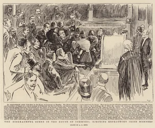 Den skandalösa scenen i underhuset med utkastningen av motsträviga irländska ledamöter.