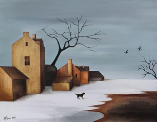 Hund i en snöig by