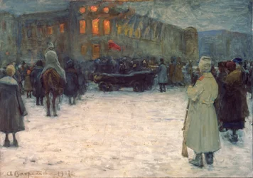 En eld på det litauiska slottet, februarirevolutionen 1917, St Petersburg - Verk av Alexander Ivanovich Vakhrameyev (1874-1926), gouache på papper