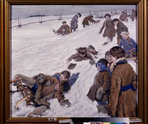 Vintersport (Vintersport). Slädeplats, i ett snöigt fält, varmt klädda barn som har roligt och skrattar högt. Målning av Alexander Viktorovich (Alexander Victor) Moravov (1878-1951), olja på duk