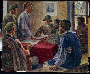 Ett möte i fattigböndernas kommitté 1918 (A Sitting of the Poor Peasants Committee 1918). Målning av Alexander Viktorovich Moravov (Alexander Victor) (1878-1951), olja på duk
