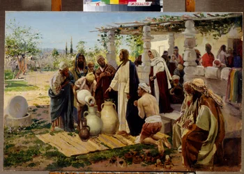 Miraklet med förvandlingen av vatten till vin i Kana (Israel). (Jesus beordrar tjänarna att fylla burkar med vatten från brunnen och utför ett första mirakel vid bröllop där vinet saknades). Målning av Vladimir Yegorovich Makovsky (Makovsky, Makov