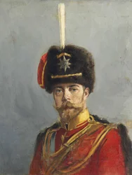 Porträtt av kejsar Nicholas II (1868-1918) av Makovsky, Alexander Vladimirovich (1869-1924). Olja på duk, ca. 1907, Mått : 62,9x47,5. Privat samling