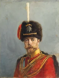 Studera för ett porträtt av kejsar Nicholas II, chef för gardets husarregemente, ca 1908