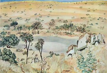 Lämnar en Kpro (kyvett) i Tehad-regionen, från Drawings and Paintings of Africa, utförd under Citroen Center Africa-expeditionen, andra Haardt Audouin-Dubreuil-uppdraget, pub. Paris, 1927