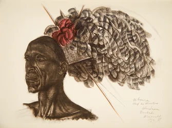 Aboura, chef Ababoua (Bambili), från Drawings and Paintings of Africa, avrättad under Citroen Center Africa-expeditionen, andra Haardt Audouin-Dubreuil-uppdraget, pub. Paris, 1927
