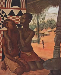 Titi och Naranghe, döttrar till chefen Eki Bondo (Haut Ouelle) (den ena av en Mangbetou-mamma, den andra till en Matchaga-mamma), från Drawings and Paintings of Africa, avrättad under Citroen Center Afr-expeditionen