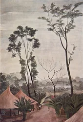 En by i Loubangui - Chari, från Drawings and Paintings of Africa, avrättad under Citroen Center Africa-expeditionen, andra Haardt Audouin-Dubreuil-uppdraget, pub. Paris, 1927 (färg litho