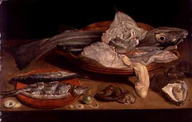 Stilleben med fisk och ostron (olja på panel)