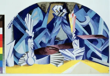 Julias rum. Scenografi för pjäsen Romeo och Julia av William Shakespeare (1564-1616) (Dräktdesign för teaterpjäsen Romeo och Julia av W.Shakespeare). Verk av Alexandra Alexandrovna Exter (1882-1949), gouache på kartong