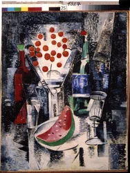 ""stilleben med vas och flaskor"" Skiva vattenmelon och körsbär. Målning av Alexandra Alexandrovna Exter (1882-1949) (konstruktivism) 1914 Statens friluftsmuseum Rostov Kreml, Rostov