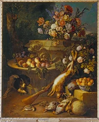 Gibier mort, fruits, fleurs et un chien - Dött spel, frukter, blommor och en hund ...