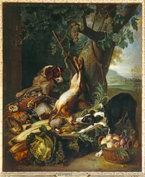 Gibier mort, legumes, fruits et deux chiens - Dött vilt, grönsaker, frukt och två hundar ...