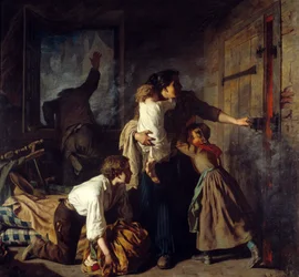 Brandplats. En familj som sitter fast i sin lägenhet försöker undkomma branden i byggnaden. Familjefadern ropar på hjälp från fönstret. Målning av Alexander Antigna (1817 - 1878)