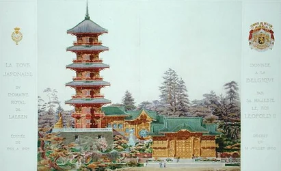 Japanska tornet i den kungliga parken i Laeken, Belgien, från Orientalisme et Architecture Contemporaine, graverad av Jules Adolphe Chauvet (f.1828) (se även 172964, 172965)
