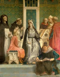 Blanka, drottning av Kastilien, ger undervisning åt den blivande kungen Ludvig IX (Sankt Ludvig) (1214-1270) som barn, målning av Alexandre Cabanel (1823-1889), 1800-talet, Paris, Panthéon