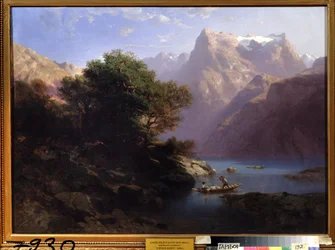 ""Berglandskap med sjö i Schweiz"" (Bergsjö) Målning av Alexandre Calame (1810-1864) 1860 Regional Art Gallery, Tambov Ryssland