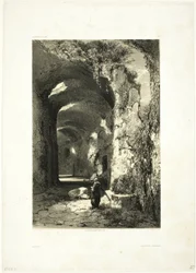 Ruin av en amfiteater vid Pouzzoles (Kungariket Neapel), skylt 9 från Oeuvres de A. Calame