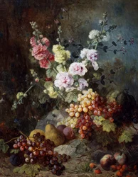 Stilleben med blommor och frukt med vindruvor, päron, plommon och hallon. Målning av Alexandre Couder (1808-1879) Privat samling.