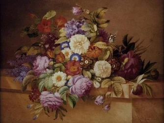 Rosor, Convolvuli och andra blommor på en ledge