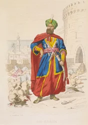 Ali Khoja, härskare över Alger 1816-1818, prydd med grön turban och ett fint svärd, omgiven av de avhuggna huvudena från besegrade fiender efter bombningen 1816, mitten av 1800-talet (kolorerad gravyr)