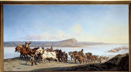Bogsering "" Hitch of horses serve boat lifts on the Rhone"" Målning av Alexandre Dubuisson (1805-1870) 1843 Lyon, Musee des Beaux Arts