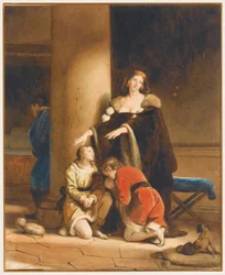 Elisabeth Woodville, drottning av England, tar farväl av sina söner Edward V och Richard, hertig av York, med en sörjande man bakom en kolumn