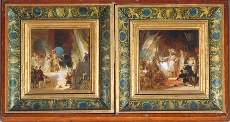 Franciskus I och hans hov tar emot verk från Italien av Primaticcio - Franciskus I adlad av Bayard ...