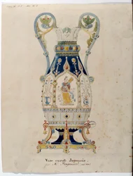 Japansk karaffvas akvarell av Alexandre Evariste Fragonard (1780-1850) 1832 Sevres. Porslinstillverkning