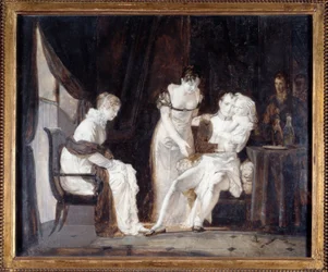 Napoleon med kungen av Rom. Napoleon I Bonaparte (1769-1821), hans hustru Marie-Louise av Österrike (1791-1847) och i sin famn kallade deras son Napoleon II kungen av Rom eller Aiglon (1811-1832). Målning av Alexandre Evariste Fragonard (1780-1850)