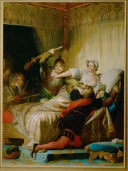 Scenen för massakern på Saint Bartholomew i sovrummet till drottningen av Navarra ...