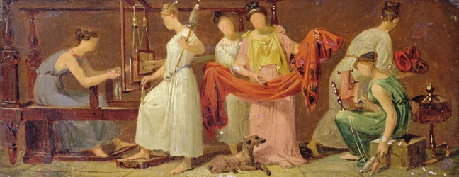 Sex kvinnor som väver in en interiör (olja på papper på panel)