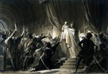 Kejsarinnan Maria-Theresa (1717-80) presenterar den framtida Josef II för Magnaterna i Ungern (grafit, sepiatvättar med bläck och gouache på papper)