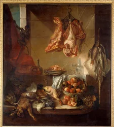 Köksinteriör med stilleben av vilt, frukt och kött. Målning av François Desportes (1661-1743), 1700-talet. Châlons-sur-Marne, Konstmuseet
