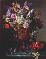 Blommor i en skulpterad urna med en skål med vilda jordgubbar och hare på en avsats, 1715